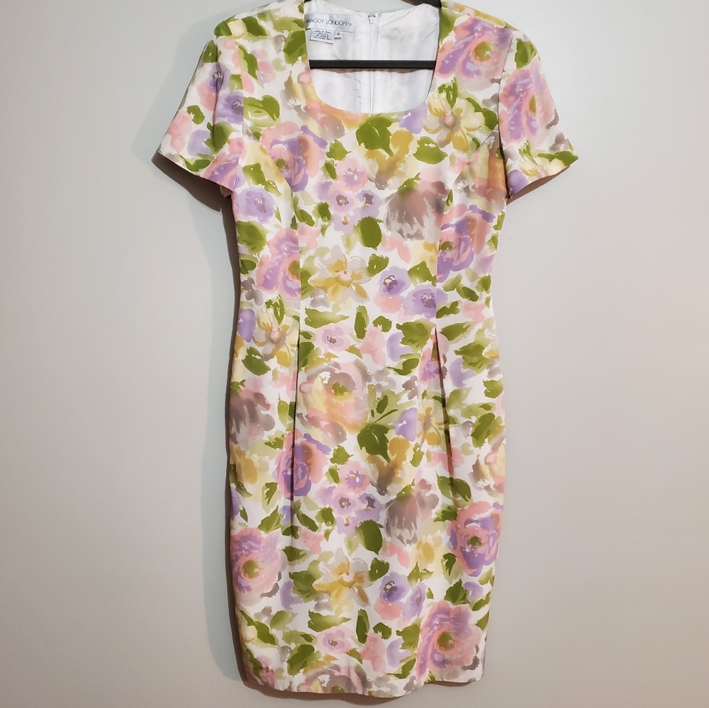 Maggy London Vtg 80s silk pastel floral watercolor square neck sheath dress 6 - Picture 4 of 12